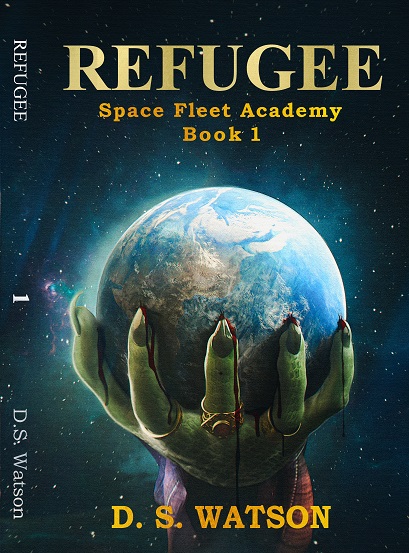 Refugee Book Cover. Large green alien hand grabbing earth which is dripping blood. Military science fiction.